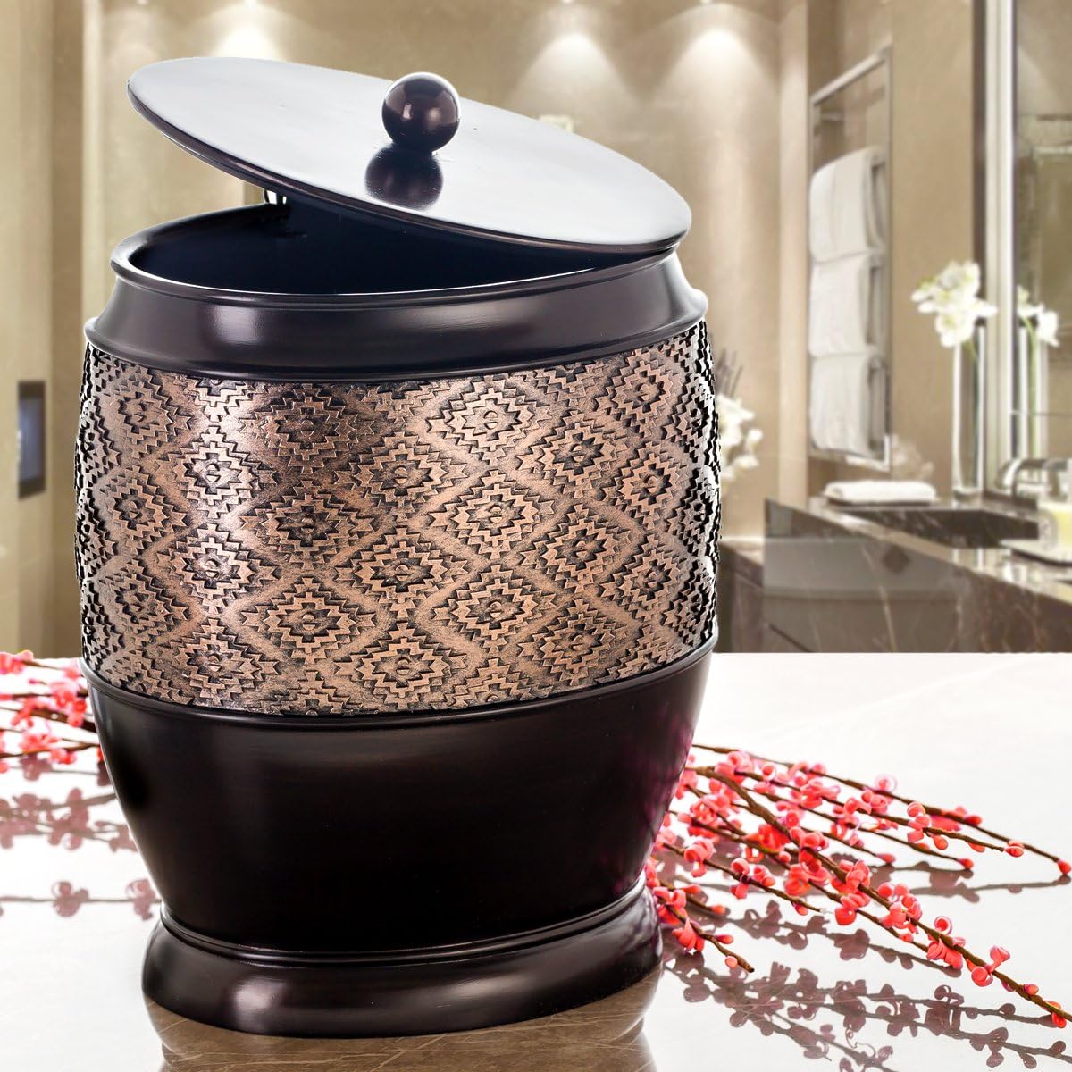 Creative Scents Dublin Brown Small Bathroom Trash Can with Lid - 1.3 Gal / 4.8L Decorative Oval Waste Basket - Durable