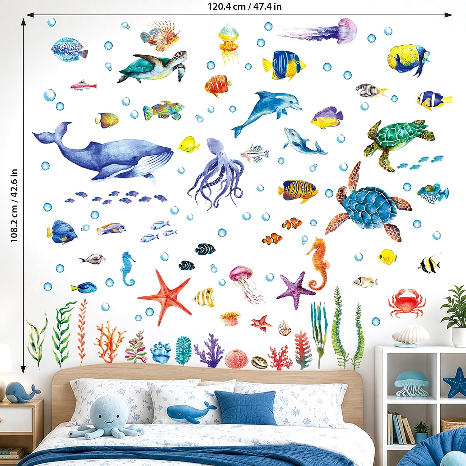 DECOWALL Under The Sea Wall Decals Ocean Fish Stickers Turtle Jellyfish Seaweed / Set of 128