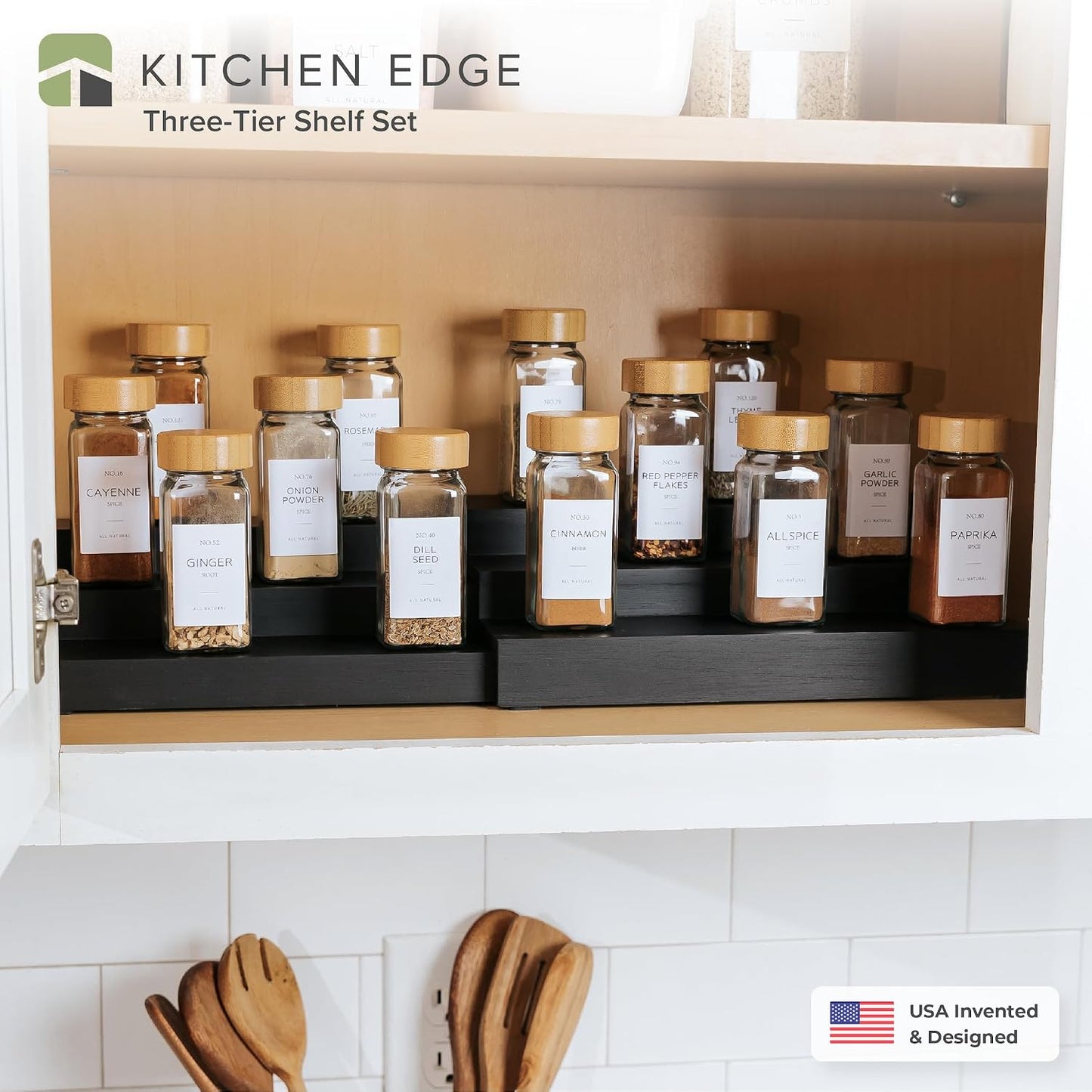 3-Tier Expandable Spice Rack Organizer, Black | Fits 36 spice jars, pantry storage, non-slip feet
