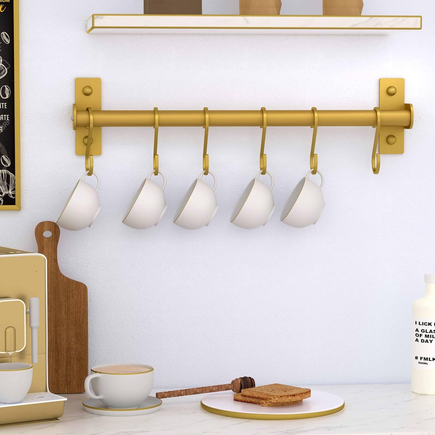 Kitchen Utensil Holder Hanger, Pot and Pan Rack Wall Mounted, Kitchen Rail with 8 Hooks for Hanging Cooking Utensils