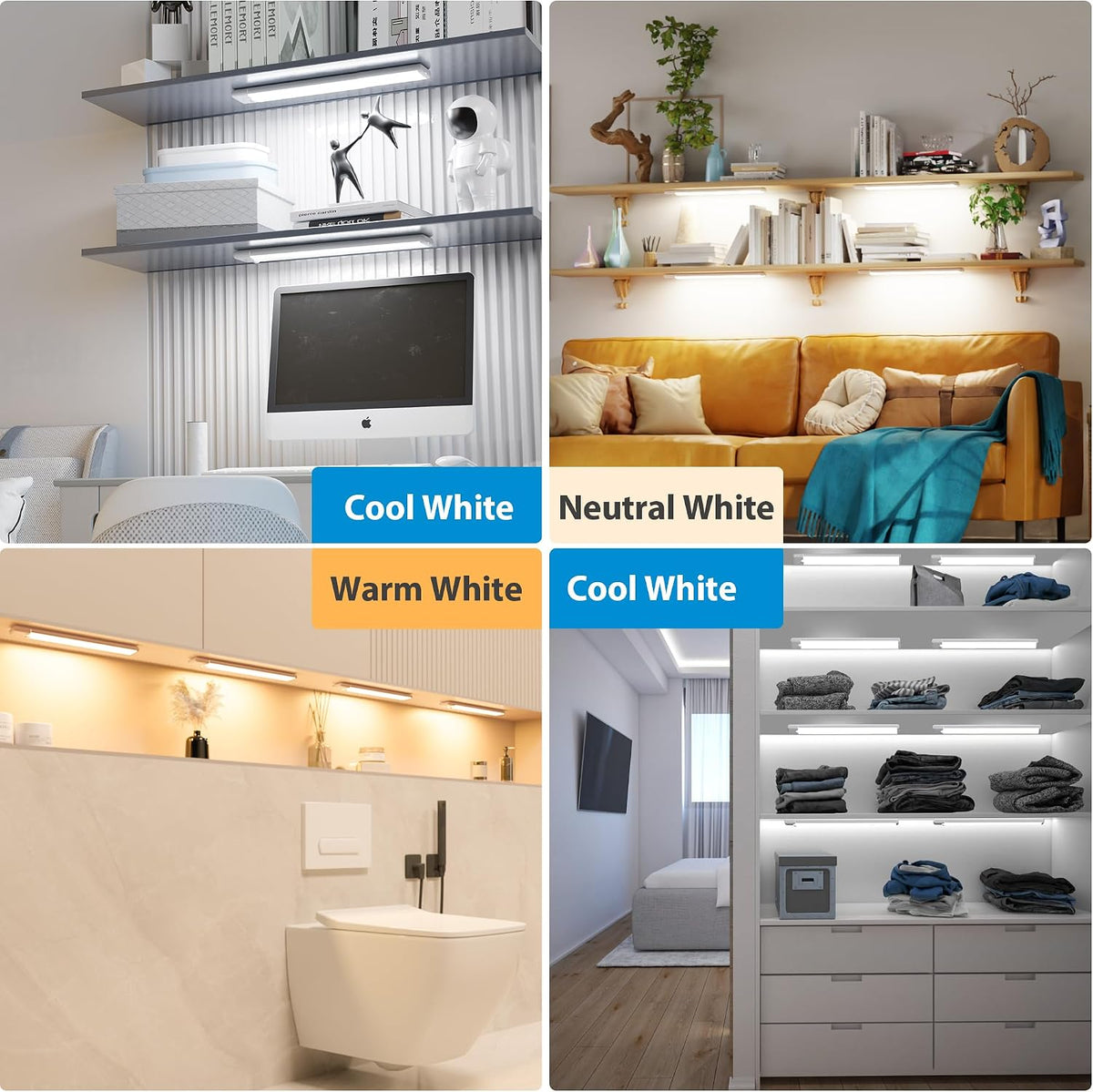 5-Pack Motion Sensor Under Cabinet Light, 3CCT, 11.8inch | 3 Color Temperature, Dimmable, Rechargeable, Magnetic Closet