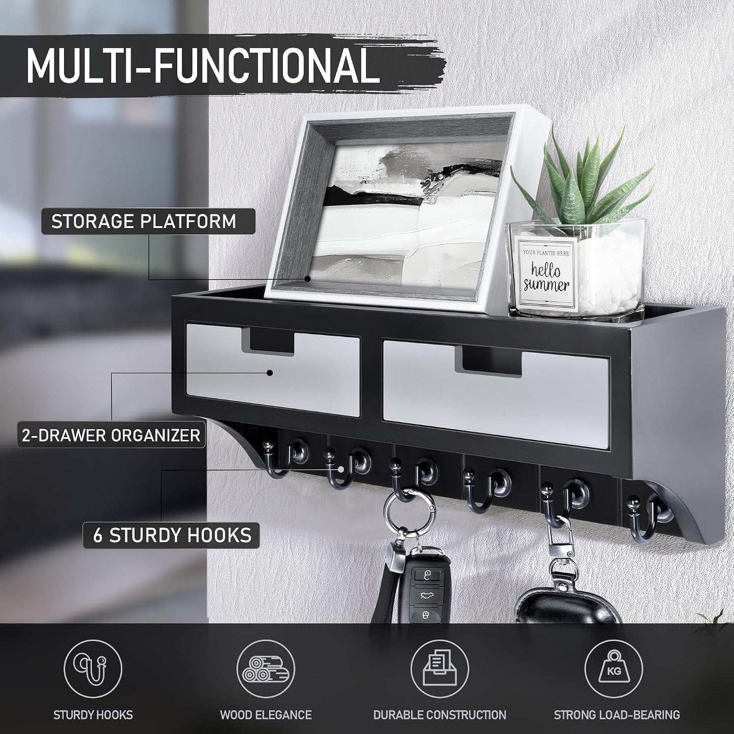 6 Key Hooks / Black & Gray / 2-drawer