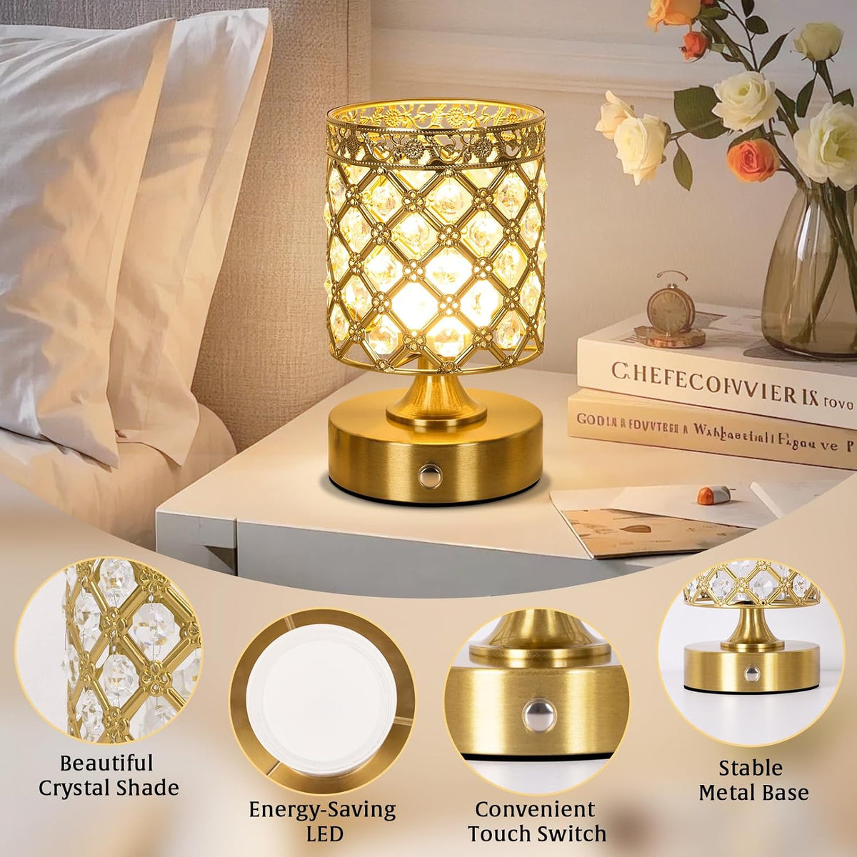 Gold Small Crystal Rechargeable Cordless Table Lamps Set of 2 | 6000mAh Battery, 3 Color Temps, Stepless Dimming, Touch