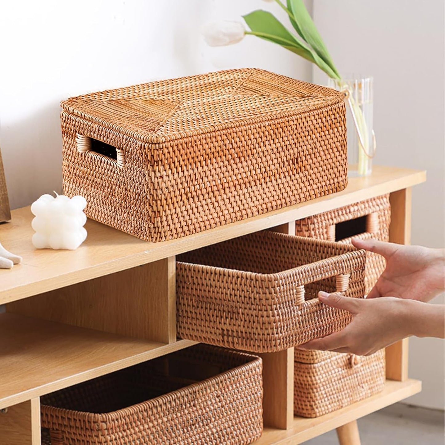 Rattan Basket / Large Lidded Basket For Storage / 11.81 x 7.87 x 5.91