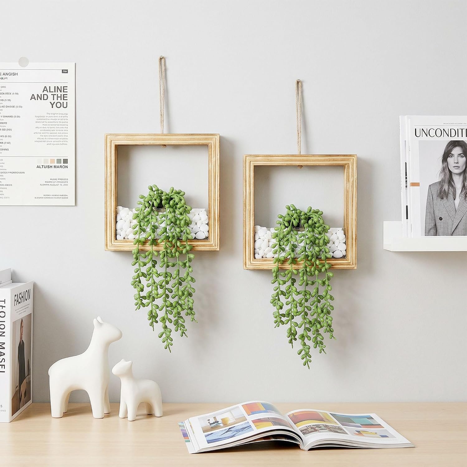 Artificial Succulents Plants in Square Wooden Frame / Burnt Wood / Set of 2