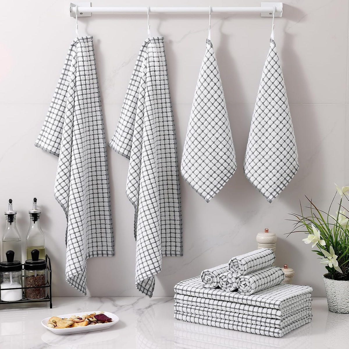 Homaxy Kitchen Towels and Dishcloths Set, Set of 16, Grey | Cotton Terry Kitchen Dish Towels, Super Soft and Absorbent