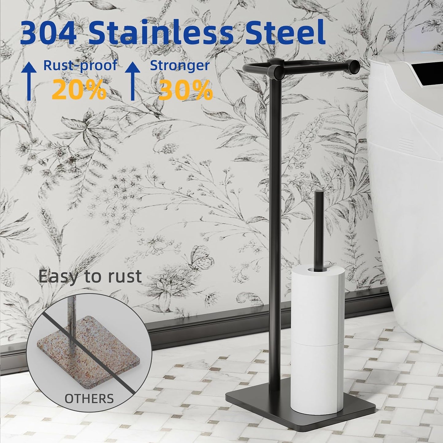 RUACQ Bathroom Toilet Paper Holder Stand with Storage, Matte Black | Pivoting Free Standing Toilet Roll Holder, Holds 4