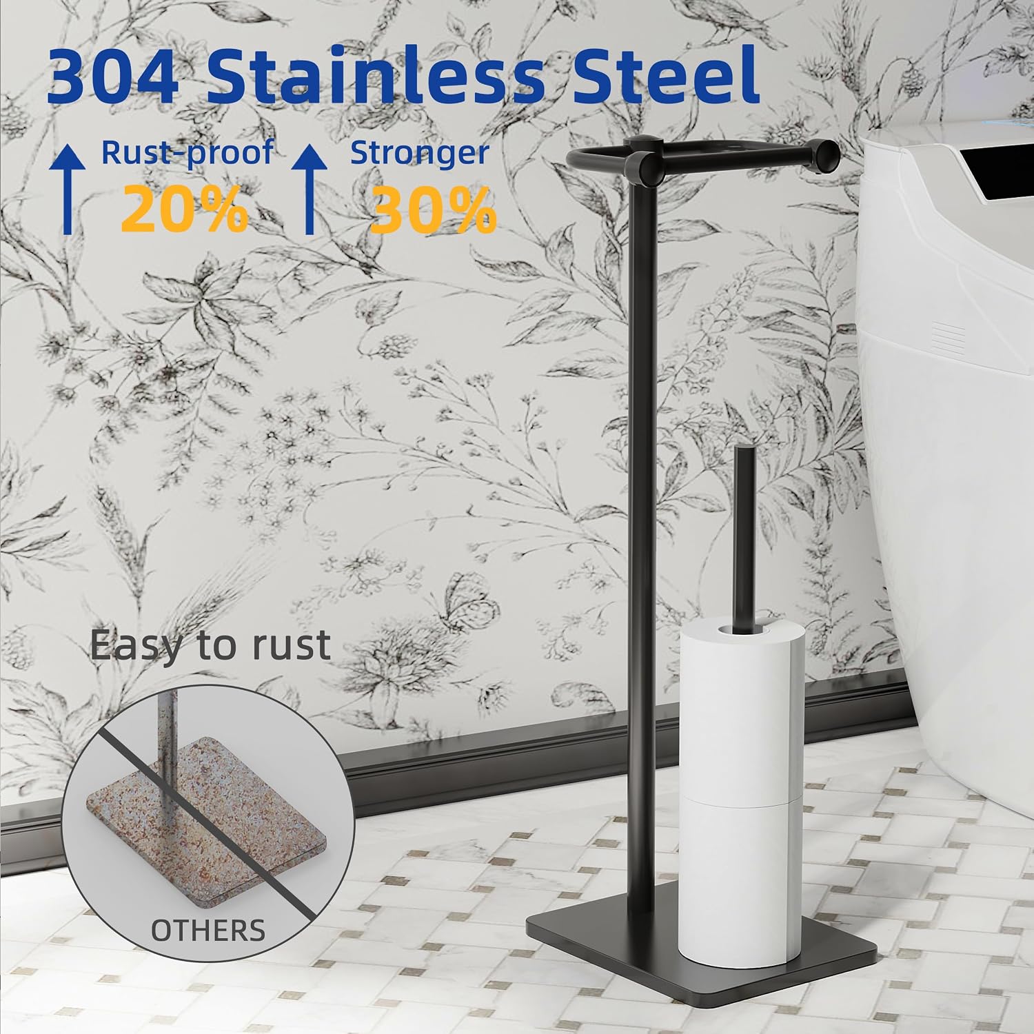RUACQ Bathroom Toilet Paper Holder Stand with Storage, Matte Black | Pivoting Free Standing Toilet Roll Holder, Holds 4