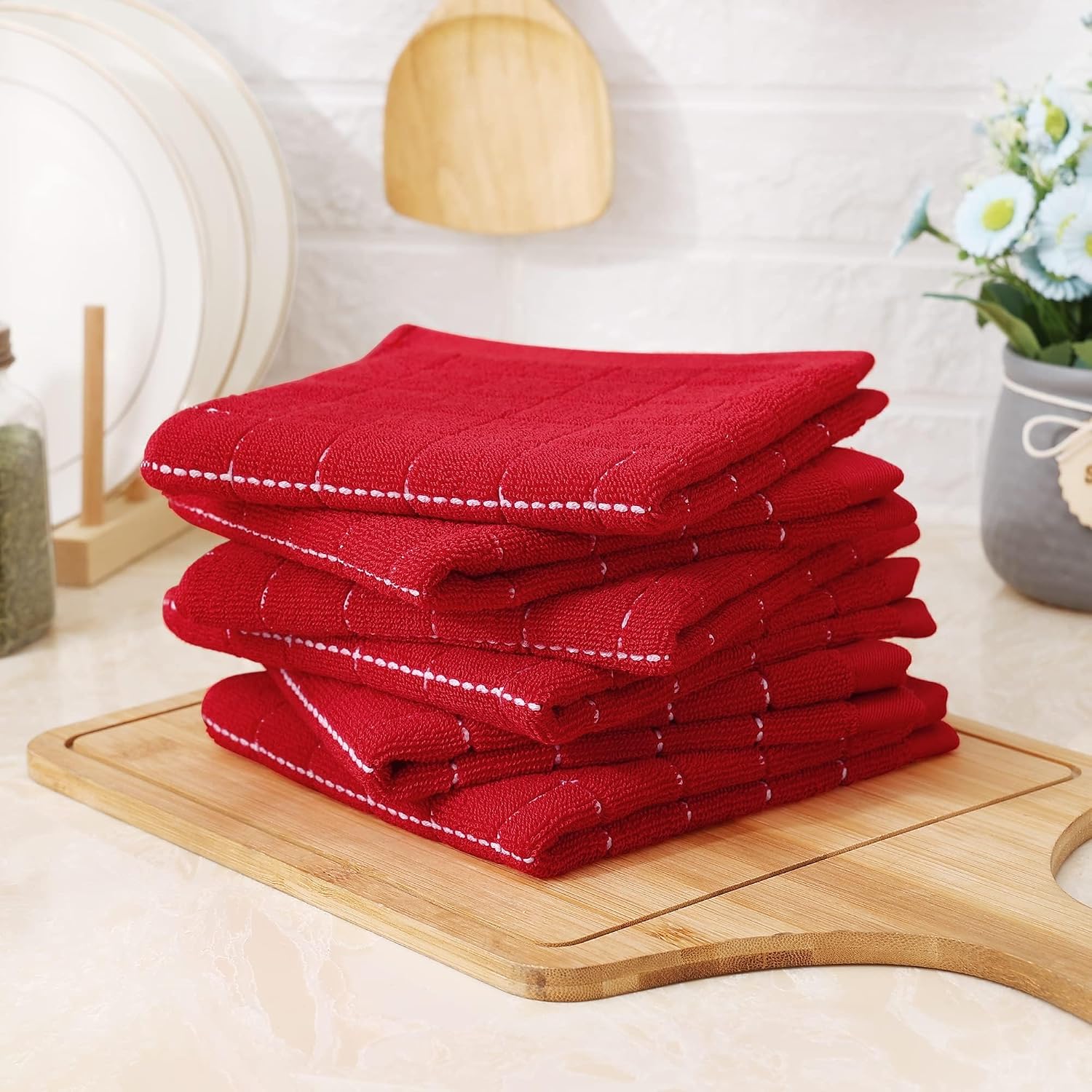 Homaxy 100% Cotton Terry Kitchen Towels, 12 Pack, Red | Ultra Soft and Absorbent Dish Towels for Kitchen, Suitable for