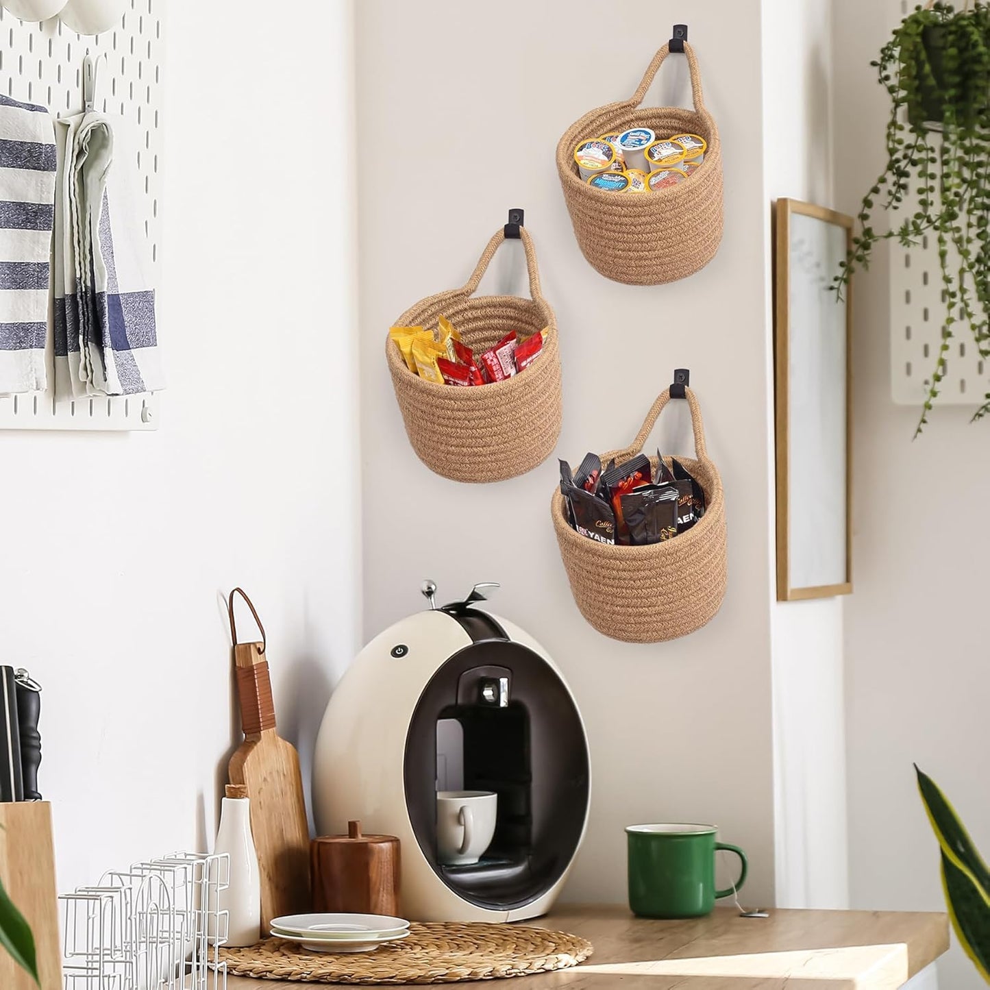 Adhesive Hooks / Storage Organizers / Linen & Black / Set of 3