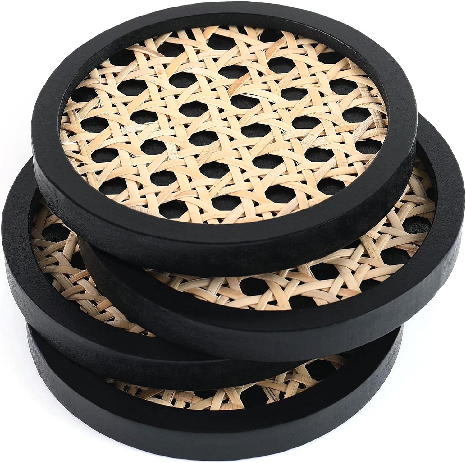 Unique Wooden Rattan Coasters / Round / Black / Set of 4