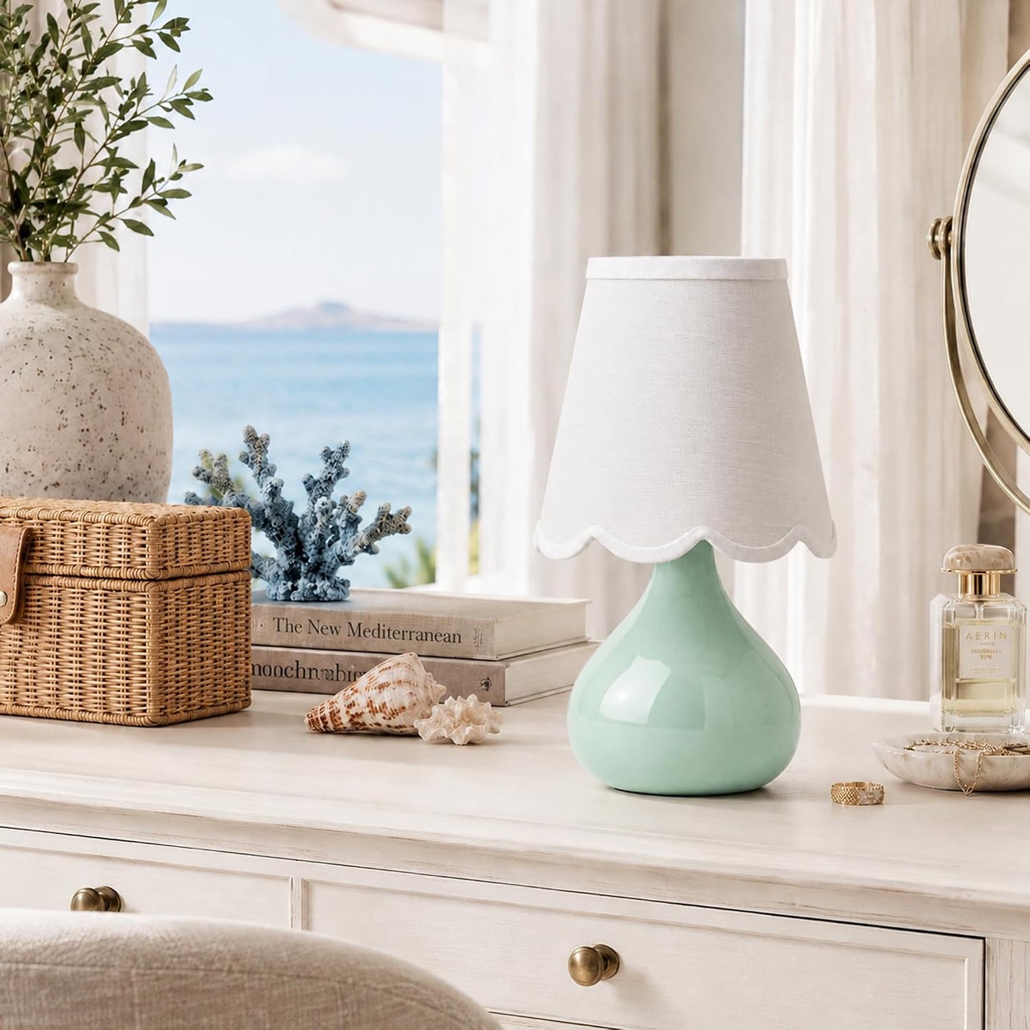14" Cordless Table Lamp, Rechargeable Ceramic Bedside Lamp with Magnetic LED Bulb, Stepless Dimmable & 3 Colors