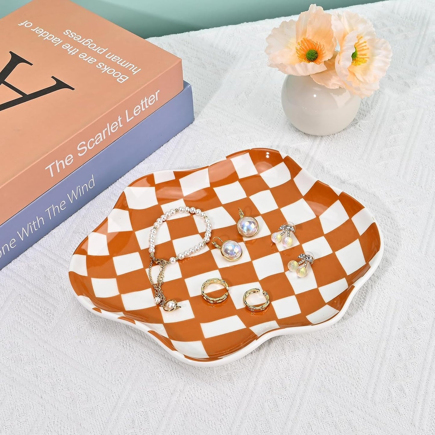 Ceramic Jewelry Dish Trinket Tray Organizer / Brown Plaid