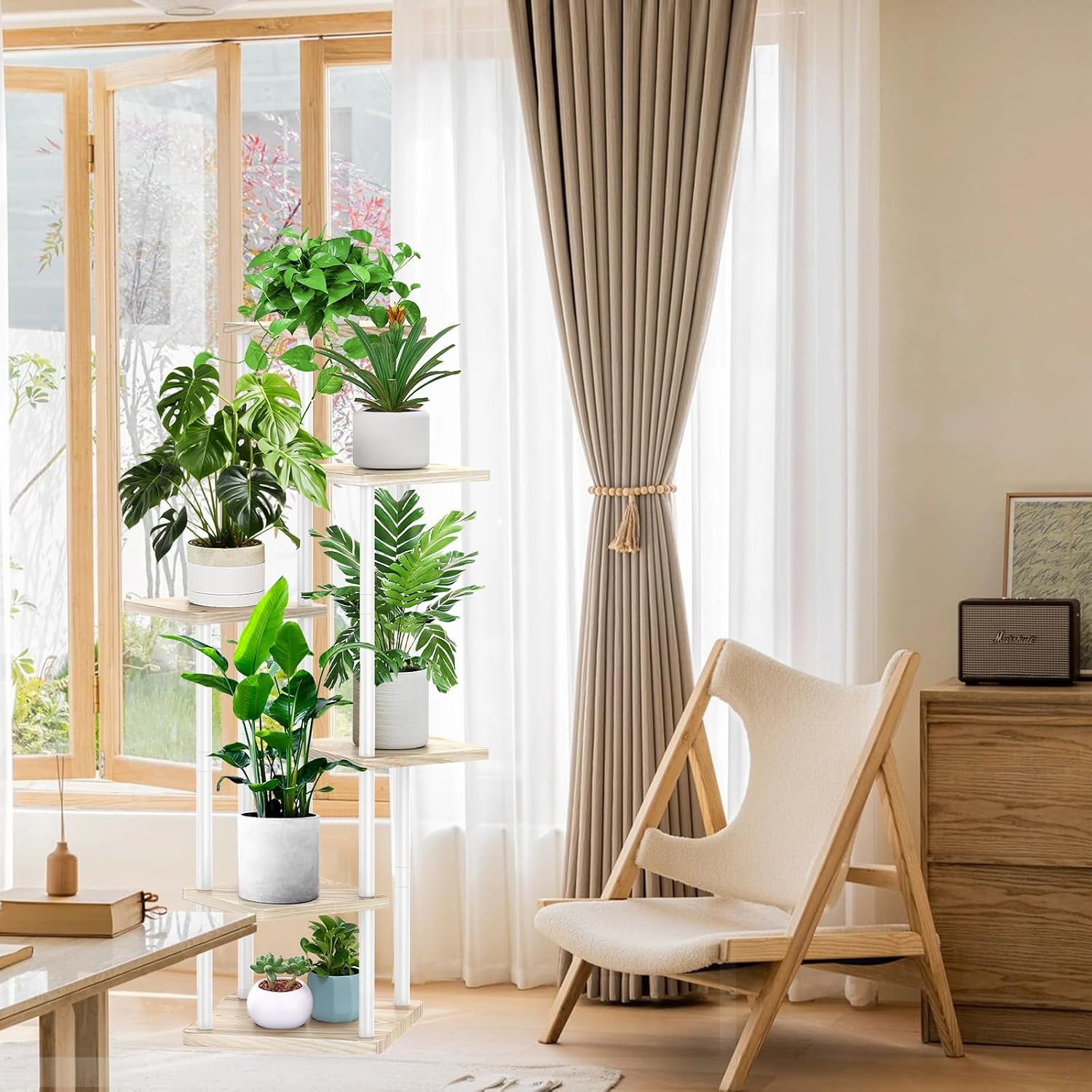 6 Tier Plant Stand Indoor, Thickened Metal Wood Corner Plant Shelf Stands for Multiple Plants, Indoor Tall Plants Stand