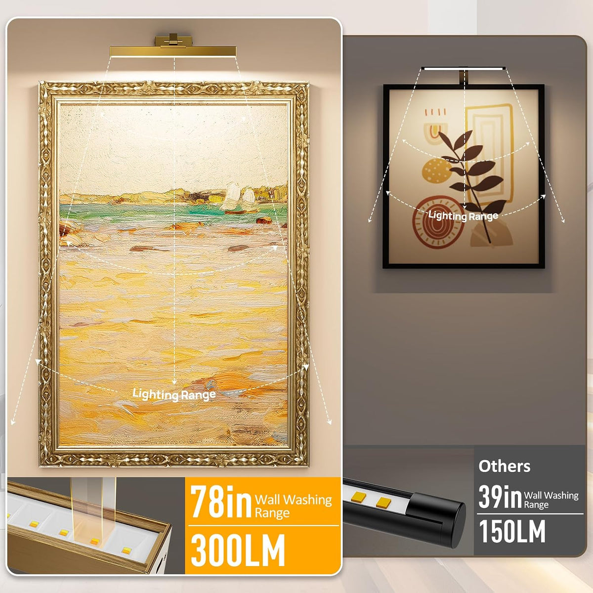 Picture Lights for Wall, Brass Battery Operated Picture Light 16in Art Light CCT Dimmable Recharging Battery Wall Light