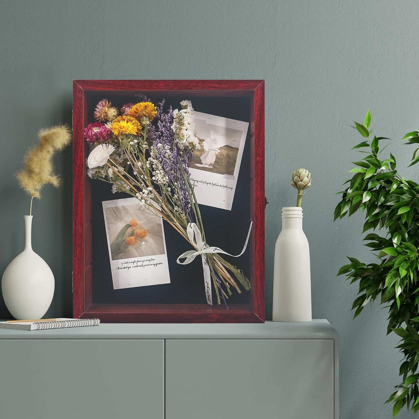 FramePro 11x14 Display Case with Adjustable Shelves Cherry, 4-Tier Memory Shadow Box for Wall, Deep Wooden Keepsake
