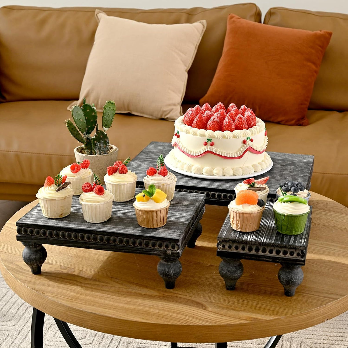 Swallowliving 3 Pcs Set Farmhouse Wood Risers for Display Decorative, Rustic Shabby Chic Tiered Tray for Kitchen