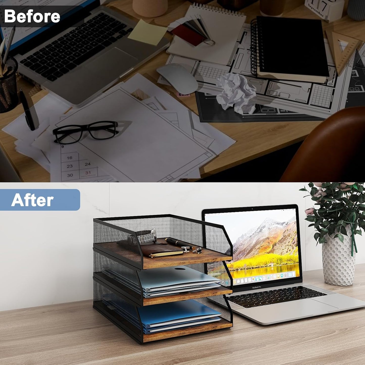 Natwind 3-Tier Stackable Metal Mesh Paper Organizer with Sliding Tray,Retro | Wooden Desk Organizer, Letter Tray For