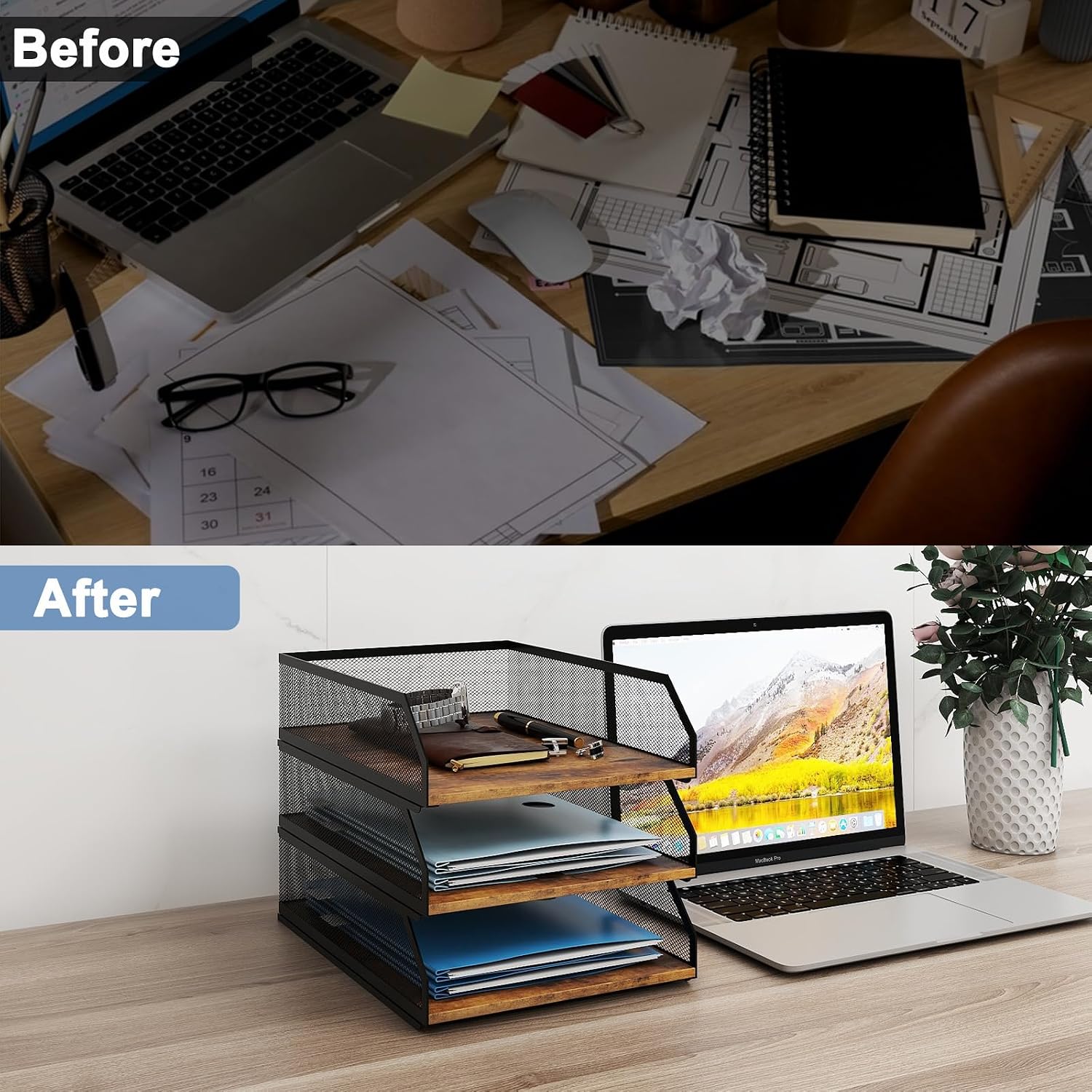 Natwind 3-Tier Stackable Metal Mesh Paper Organizer with Sliding Tray,Retro | Wooden Desk Organizer, Letter Tray For