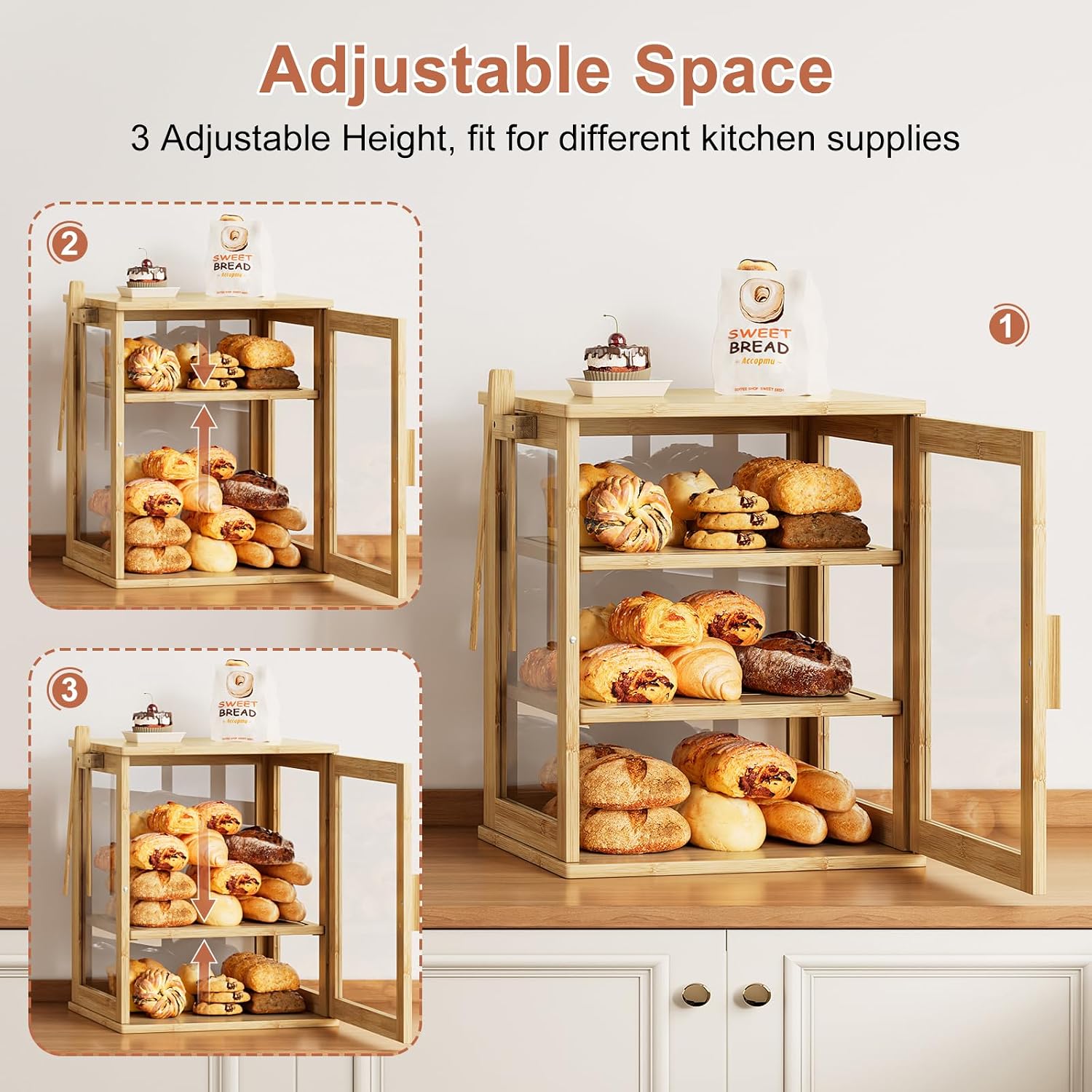 WOWLIVE Bread Box for Kitchen Countertop, 3 Layers Bread Storage Container | Large Bamboo Bread Bin for Homemade Bread