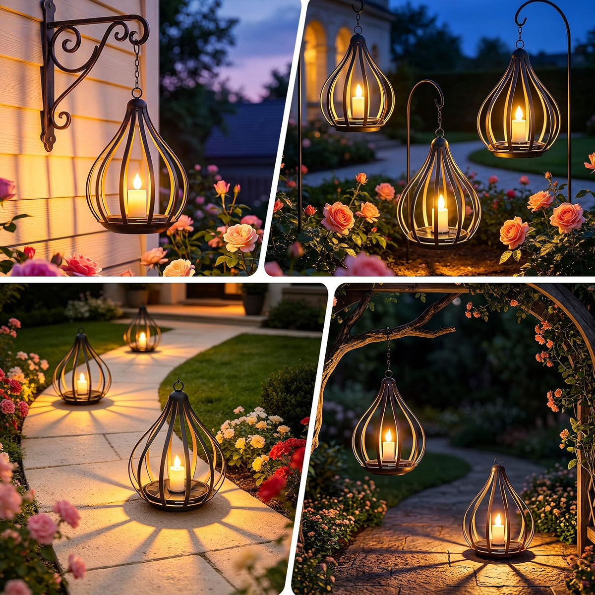 Solar Lanterns Outdoor Waterproof Hanging Solar Lights Outdoor Decor 4 Pack | Outdoor Solar Lanterns with Flickering