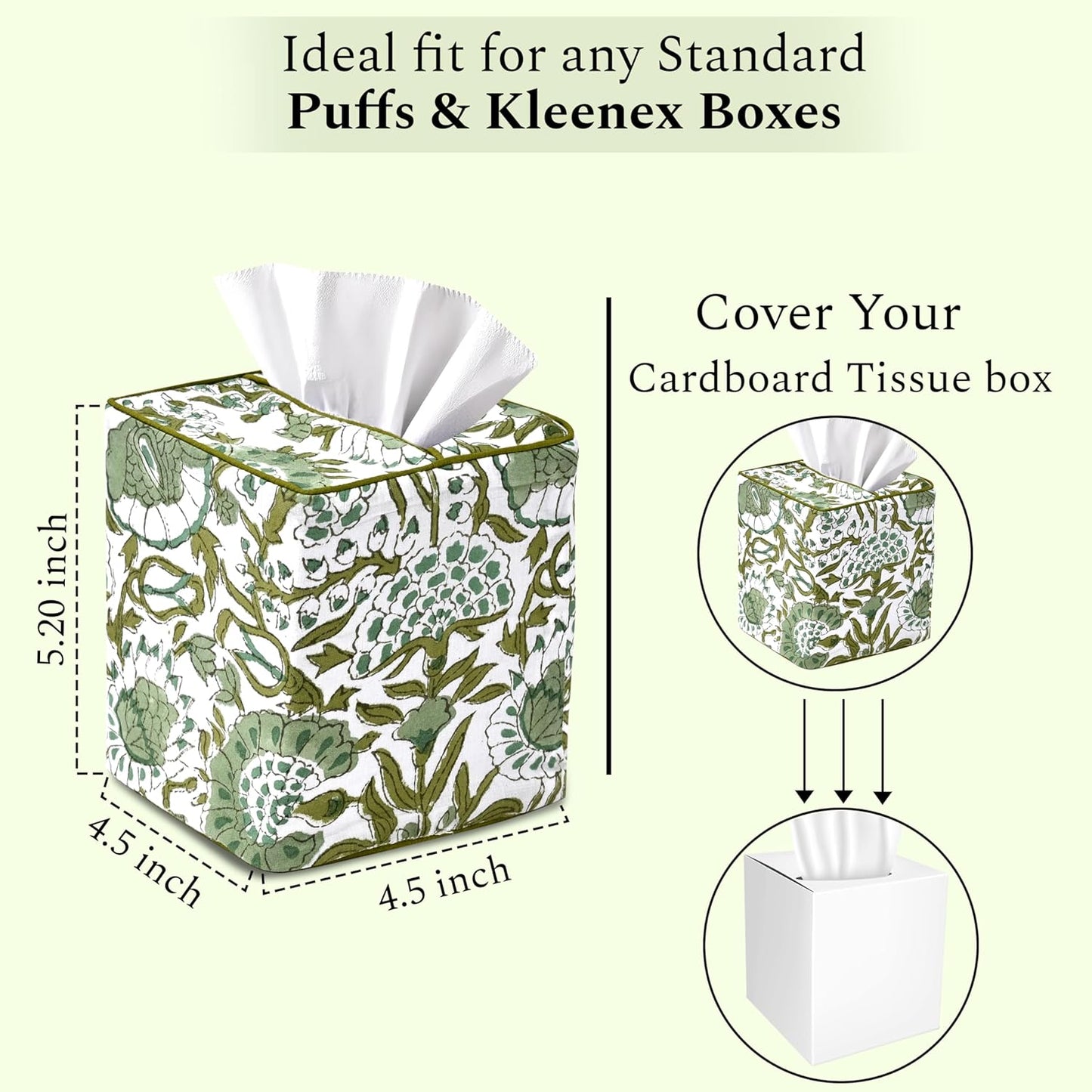 CPC Hand Block Printed Cotton Tissue Box Cover " Square Soft Reusable / Agate Green / 5 x 5 x 5.5