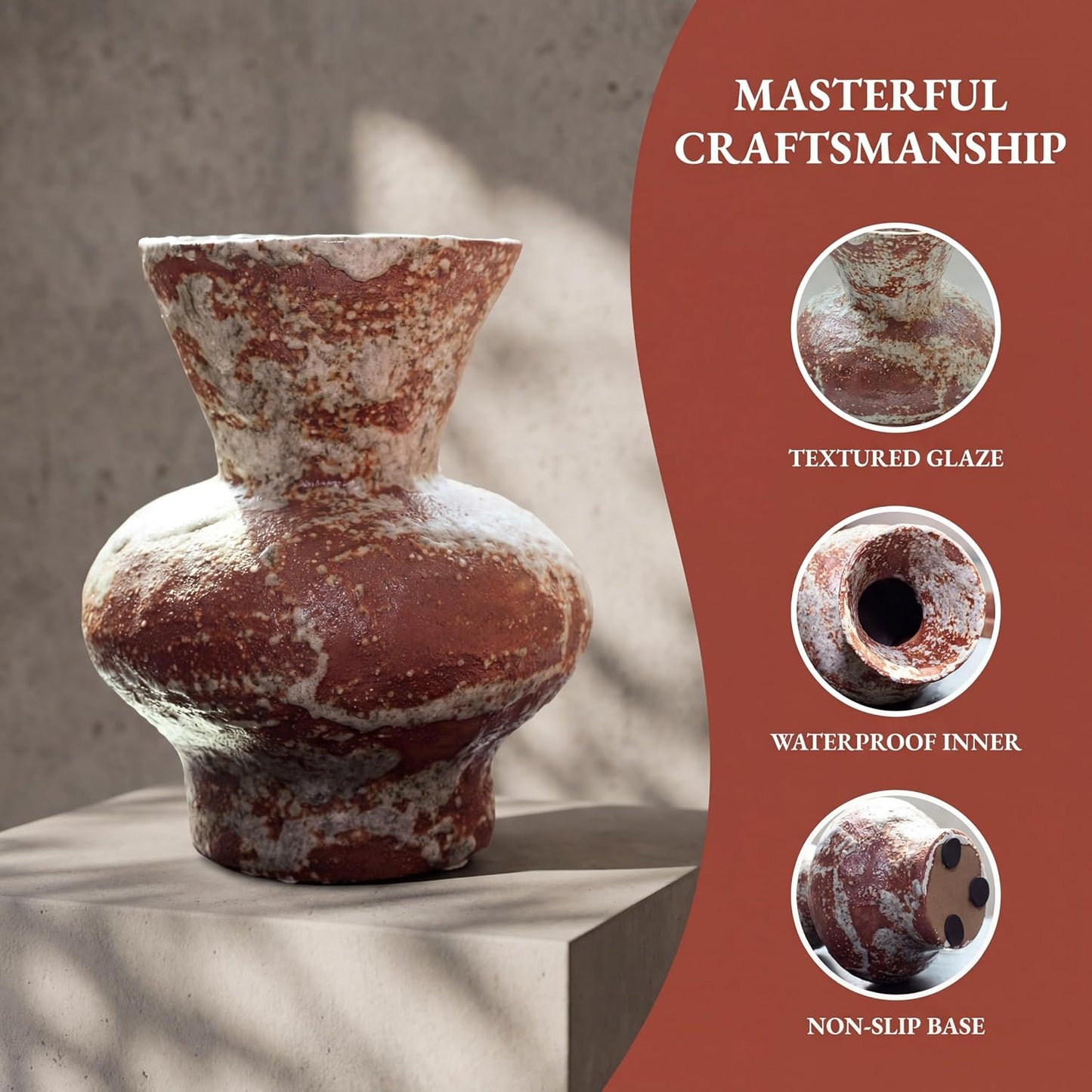 Rustic Ceramic Flower Vase / Dark Brown and White