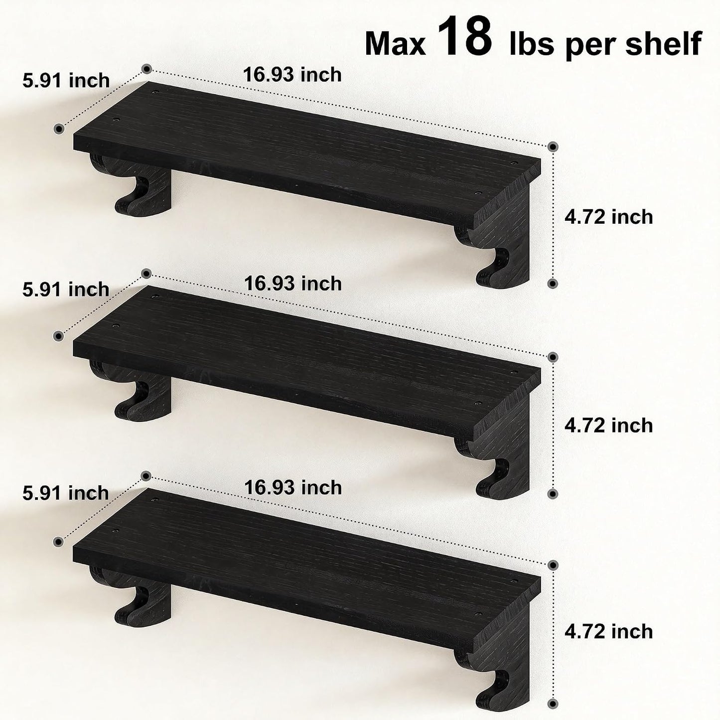 Floating Shelves / Solid Wood Shelves Wall Mount / Black / 17 Inch / Set of 3
