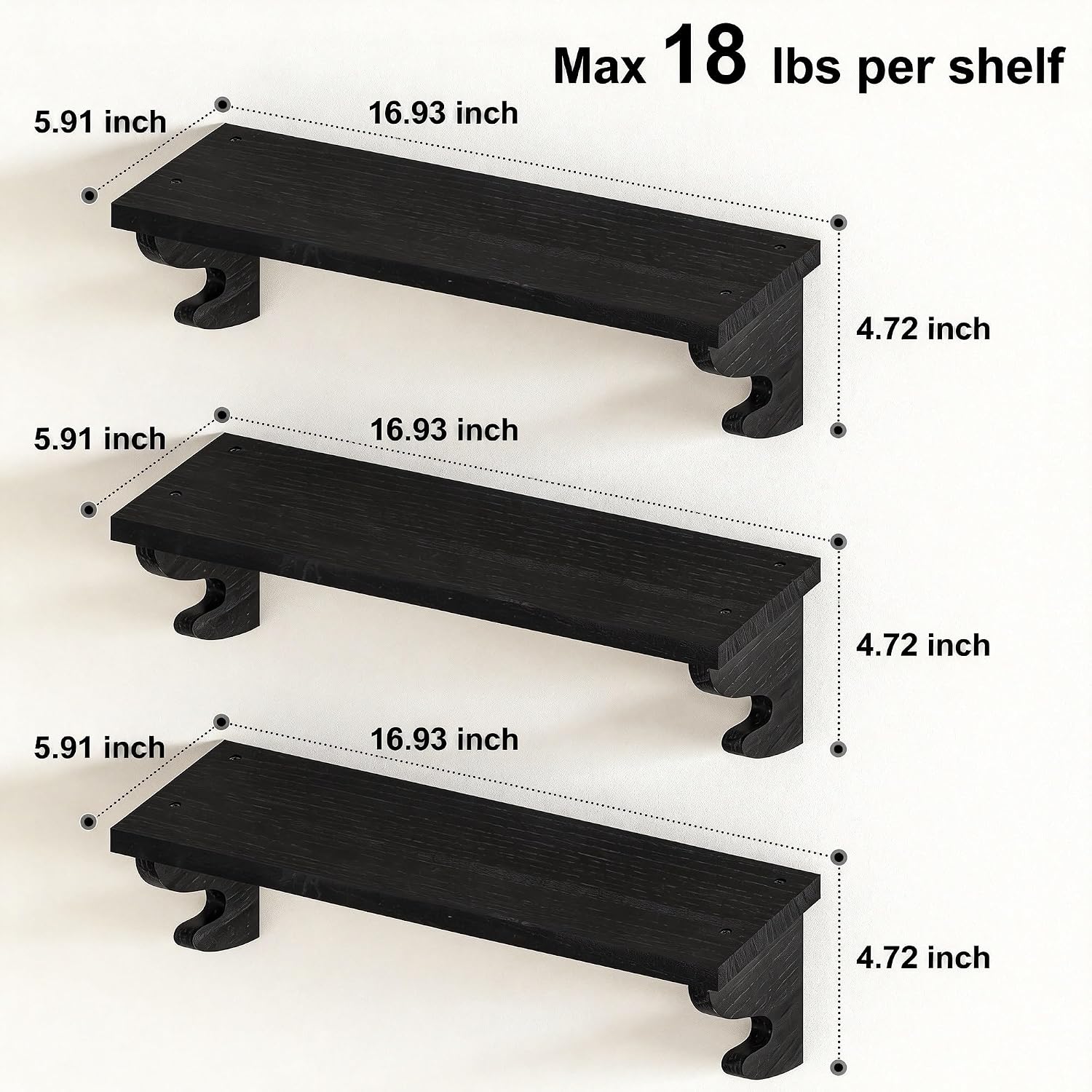 Floating Shelves / Solid Wood Shelves Wall Mount / Black / 17 Inch / Set of 3