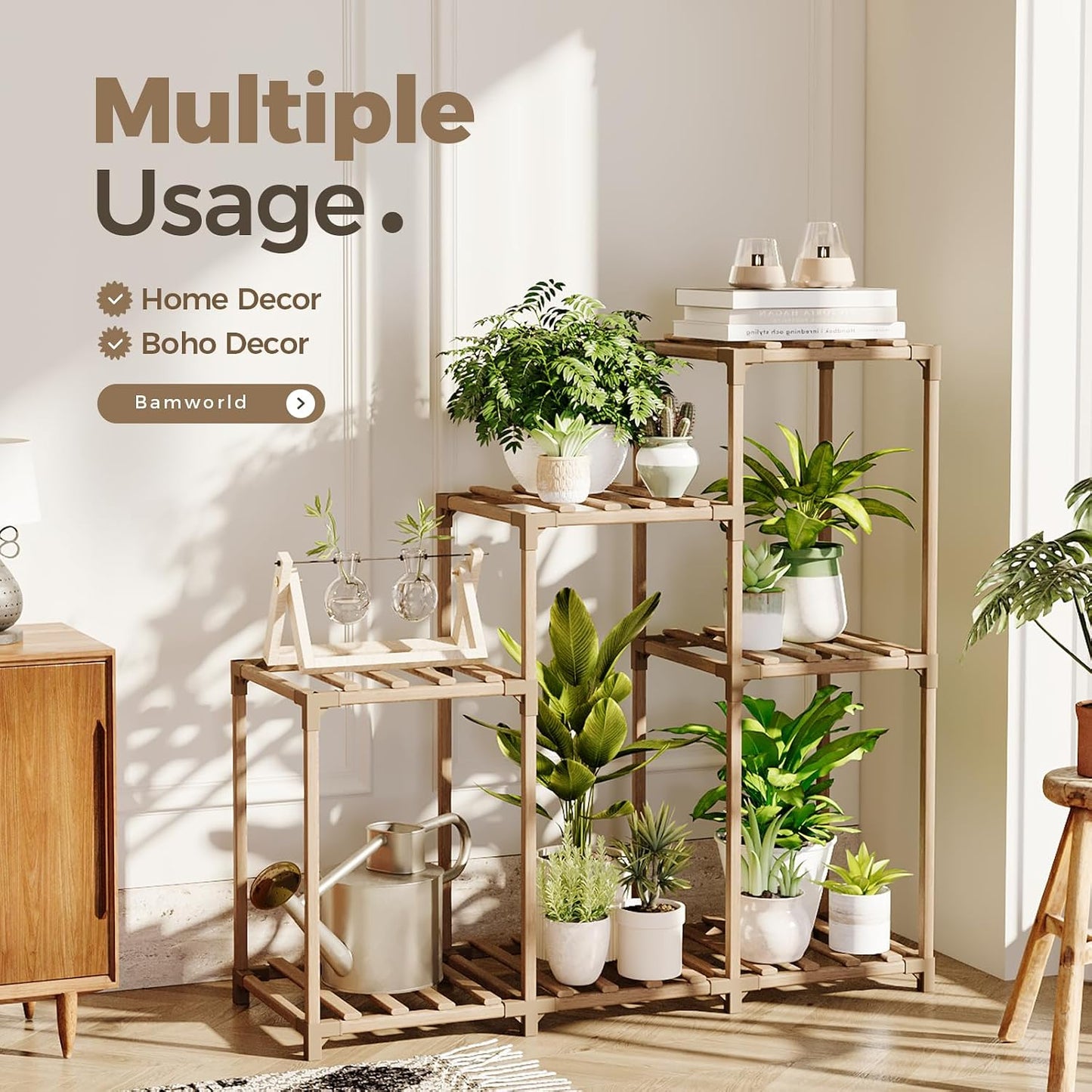 Bamworld Plant Stand Indoor Wood Plant Shelf Outdoor Tiered Plant Rack | for Multiple Plants Upgrade 3 Tiers 7 Potted