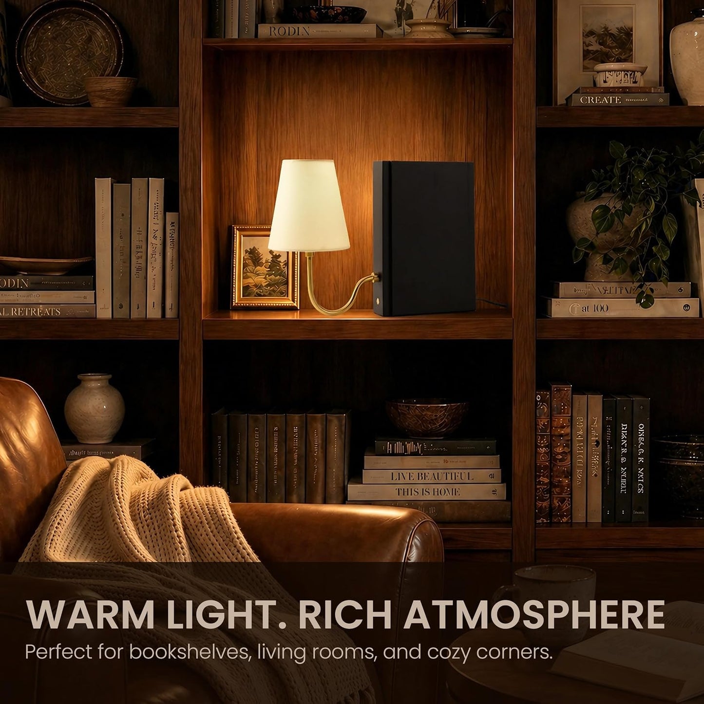 Solid Wood Bookshelf Lamp with Bulb, 3-Color Touch Control Dimmable Table Lamp with Linen Shade, Modern Decorative