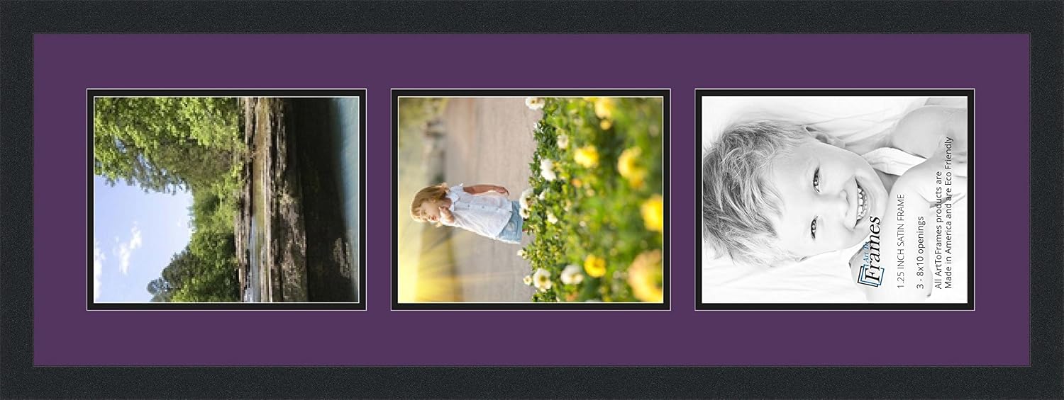 ArtToFrames Collage Photo Frame Double Mat with 3-8x10 Openings with Satin Black Frame and Grape mat.