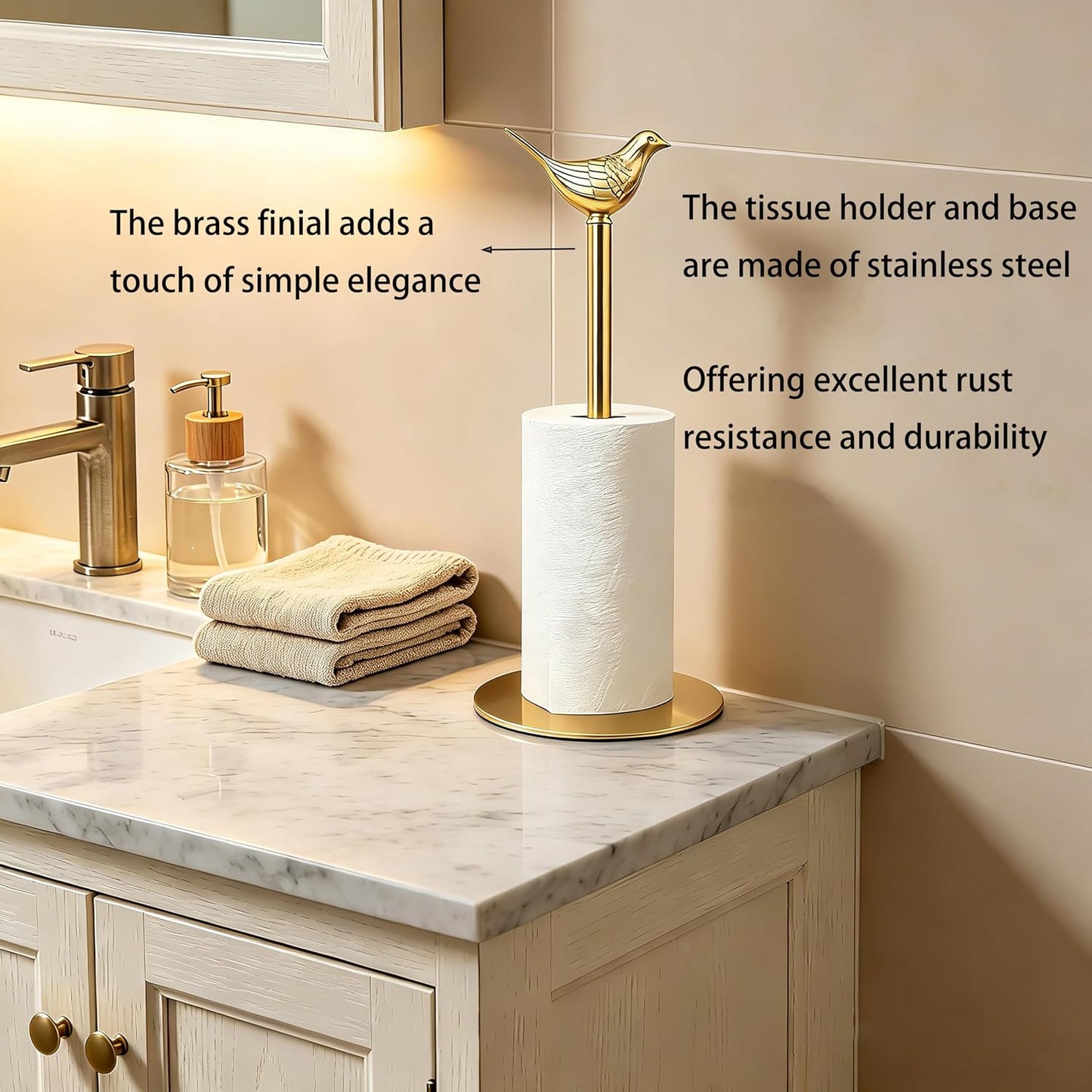 Gold Paper Towel Holder Countertop Brass Papertowel Holder with Removable Bird Decor