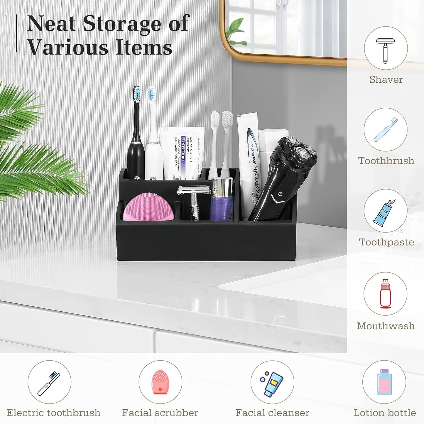 Luxspire Bathroom Counter Organizer, 5 Slots, Matte Black | Toothbrush Holder for Bathroom, Marble Bathroom Accessories