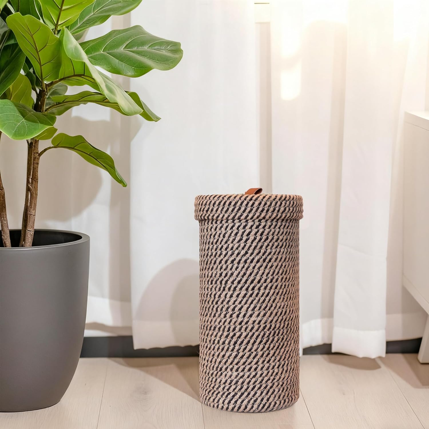 Handmade Cotton & Jute Toilet Paper Holder – Woven Toilet Paper Stand & Storage Basket with Lid, Freestanding Organizer