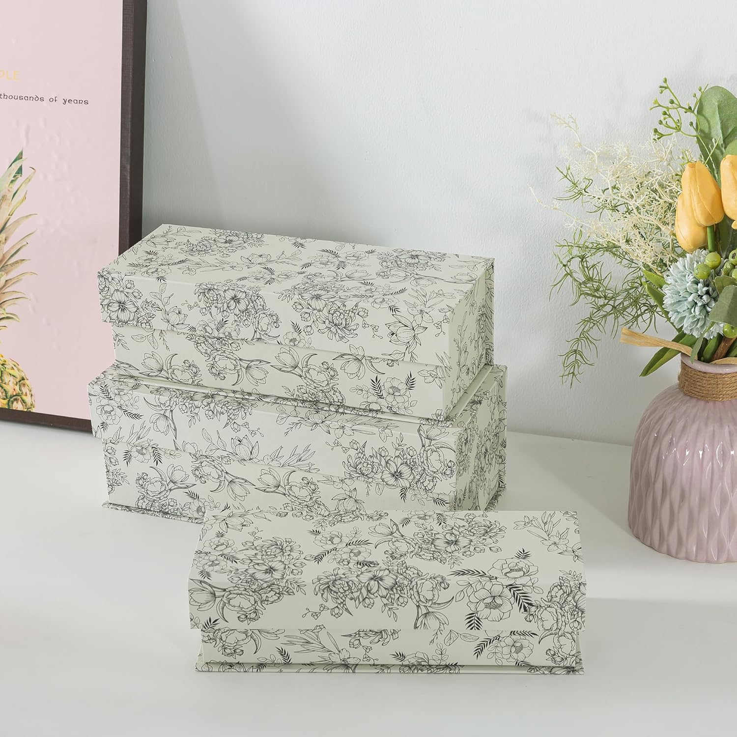 Cardboard Boxes / Decorative Storage Boxes / Elegant Floral / Set of 3