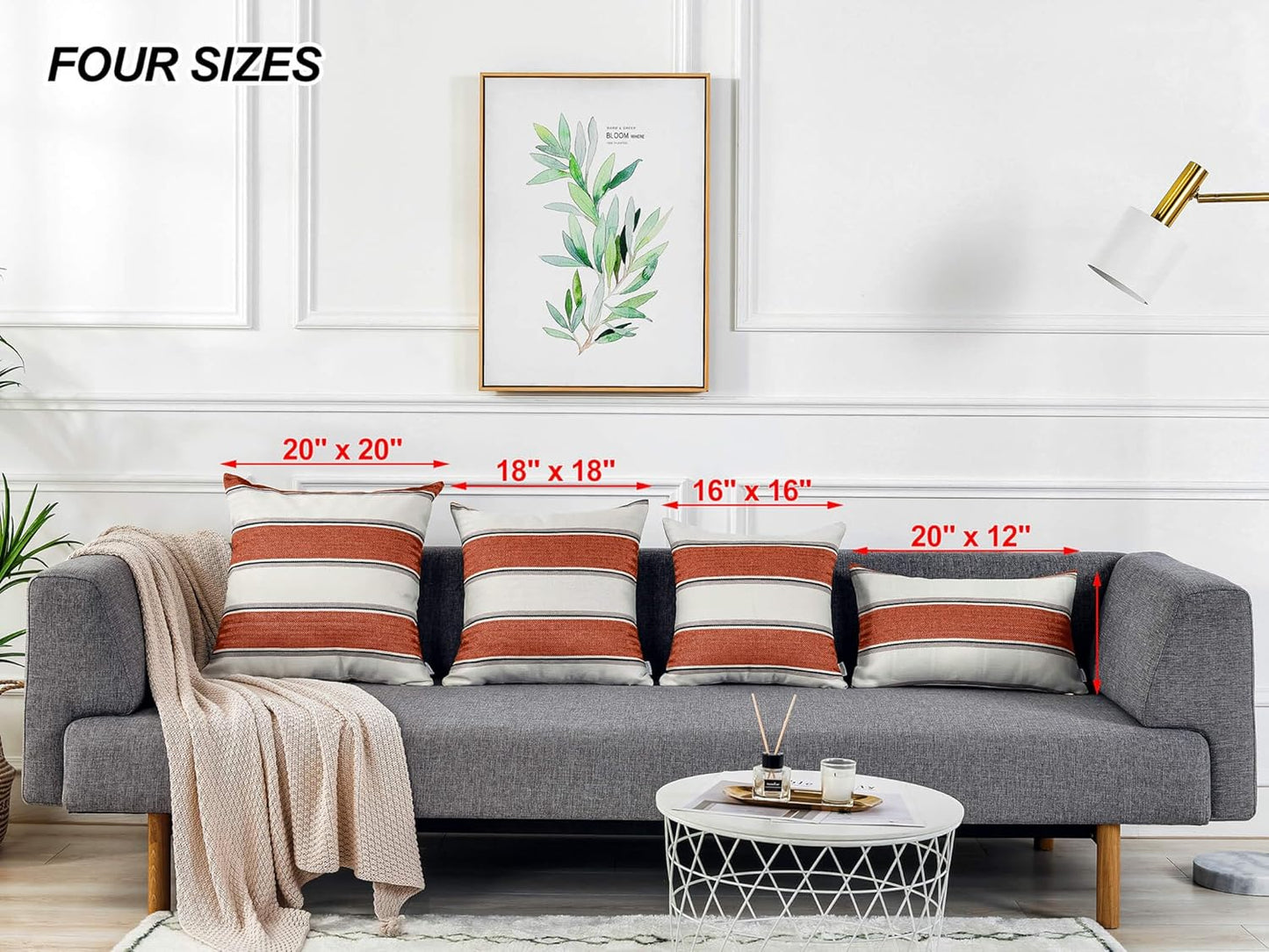 Farmhouse Linen Throw Pillow Cover Cushion Stripe Decoration / 16 x 16 / Burnt Orange / Set of 2