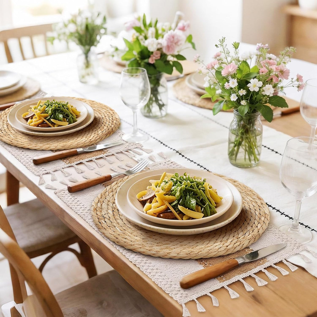 Placemats Set of 8 - Rattan Round Place Mats & 11.8” x 17” Cotton Braided Placemat for Dining Table Setting, Rustic