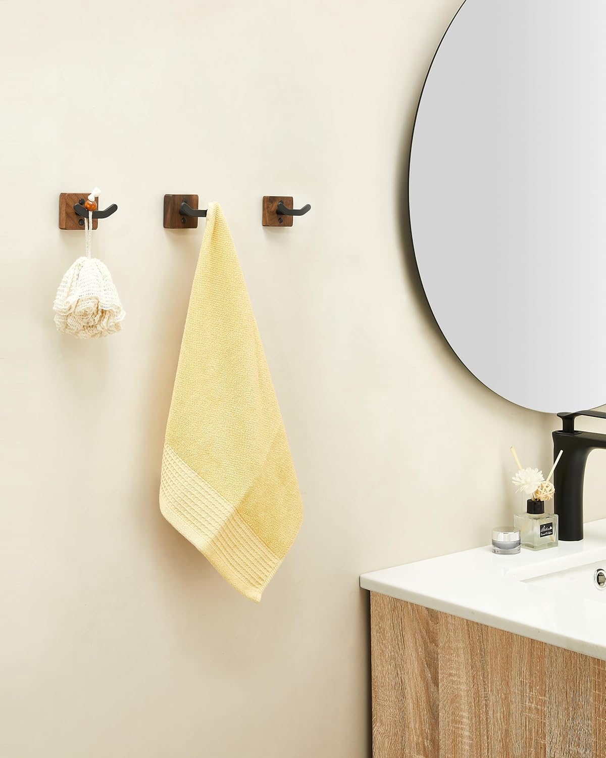Modern Coat Hooks Wood Black Metal Decorative Backpack Hanger Wall / Black Walnut / Set of 3