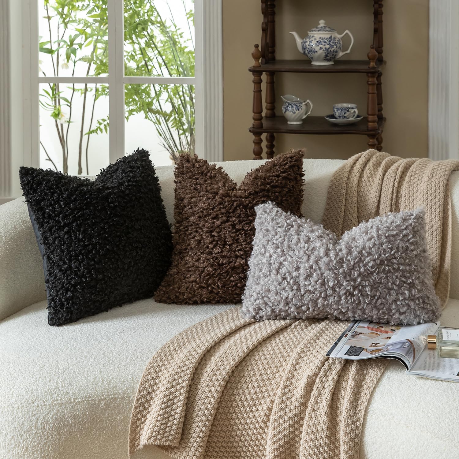 Faux Fur Throw Pillow Covers Boucle Decorative Sherpa Pillow Covers / Chocolate / 18 x 18 / Set of 2
