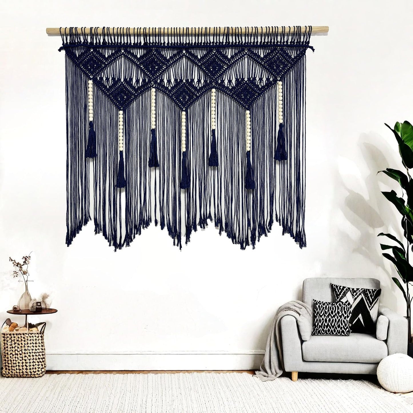 Large Macrame Wall Hanging Boho Woven Tapestry Bohemian Macrame Wall Decor Handmade Tassel / Navy