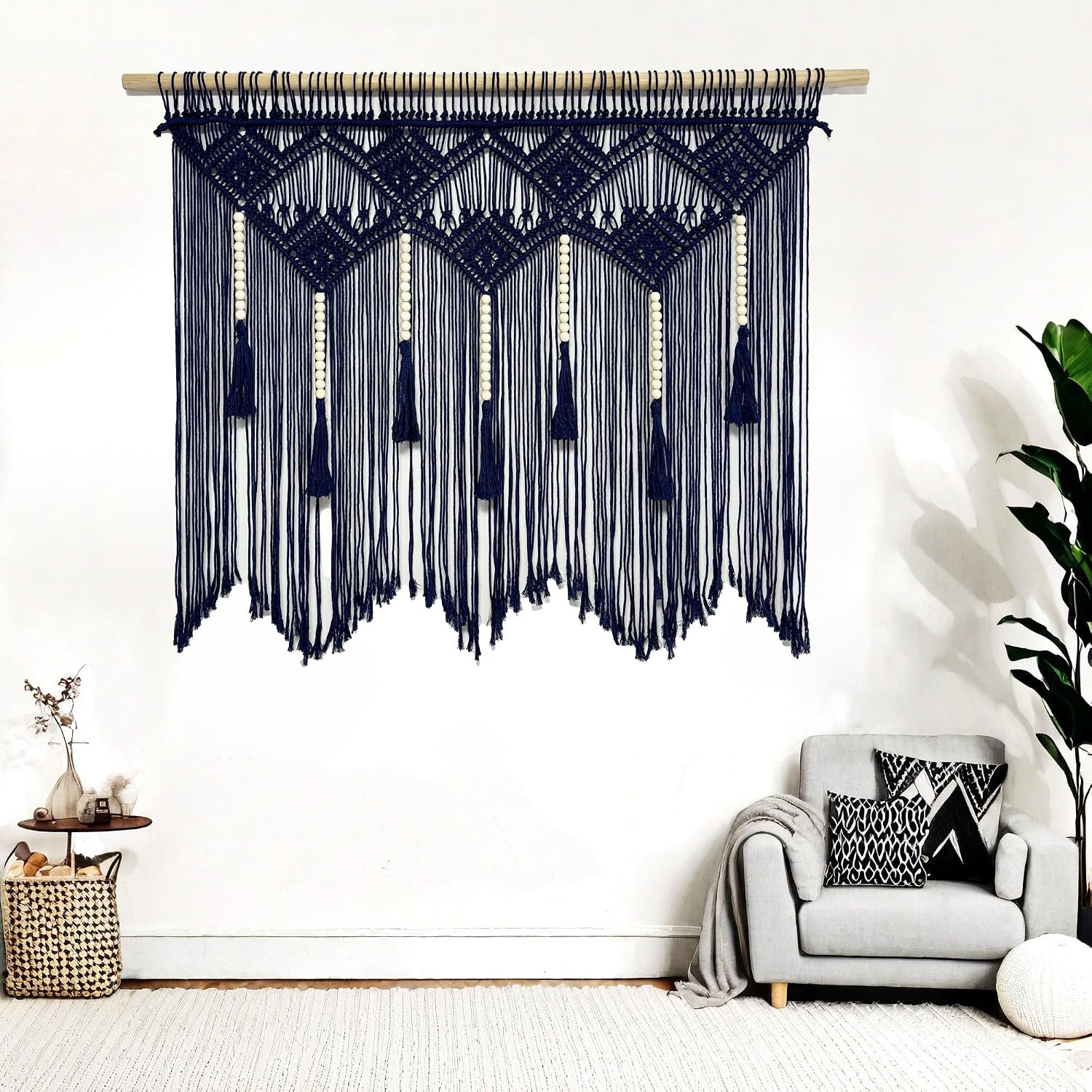 Large Macrame Wall Hanging Boho Woven Tapestry Bohemian Macrame Wall Decor Handmade Tassel / Navy
