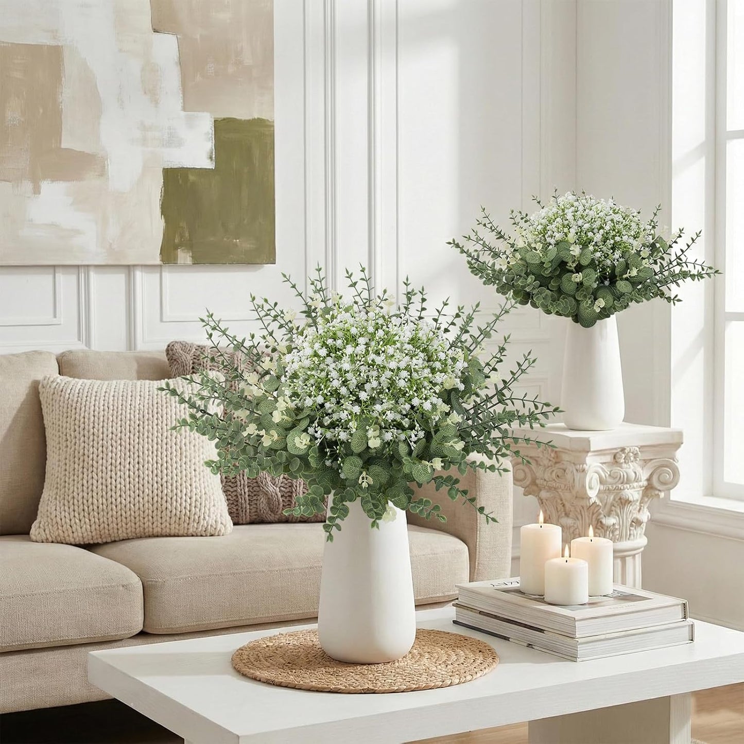 Baby Breath Artificial Flowers Bulk and Eucalyptus Leaves / Green and White / Set of 100