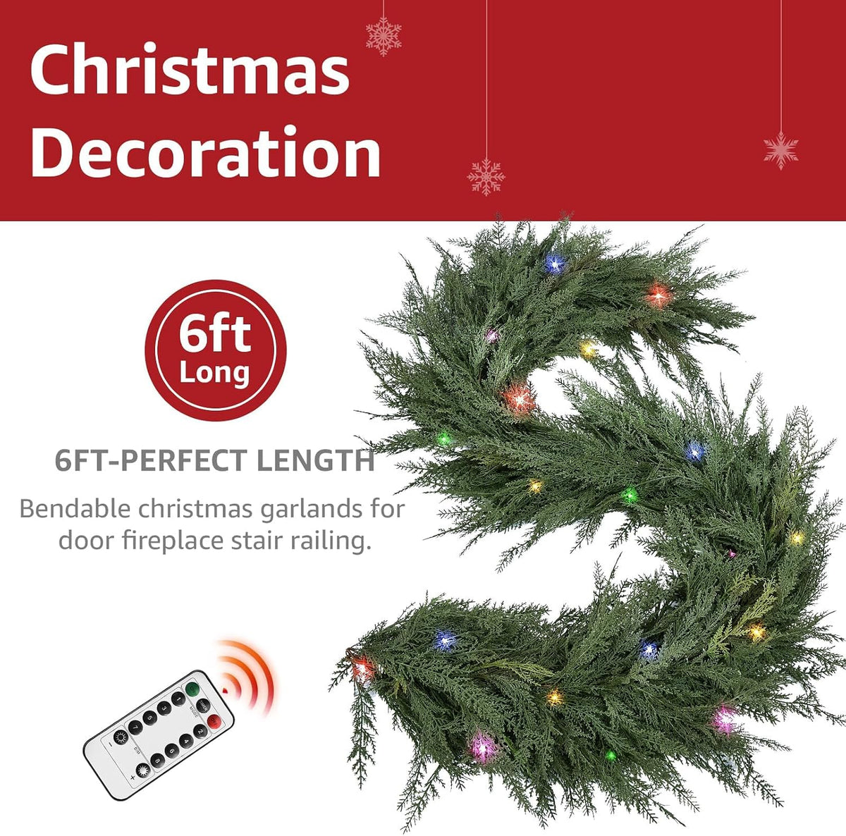 Christmas Cedar Garland Realistic - Cypress Decorations with Lights 6ft for Mantle Lighted Faux Pine Garlands for Xmas