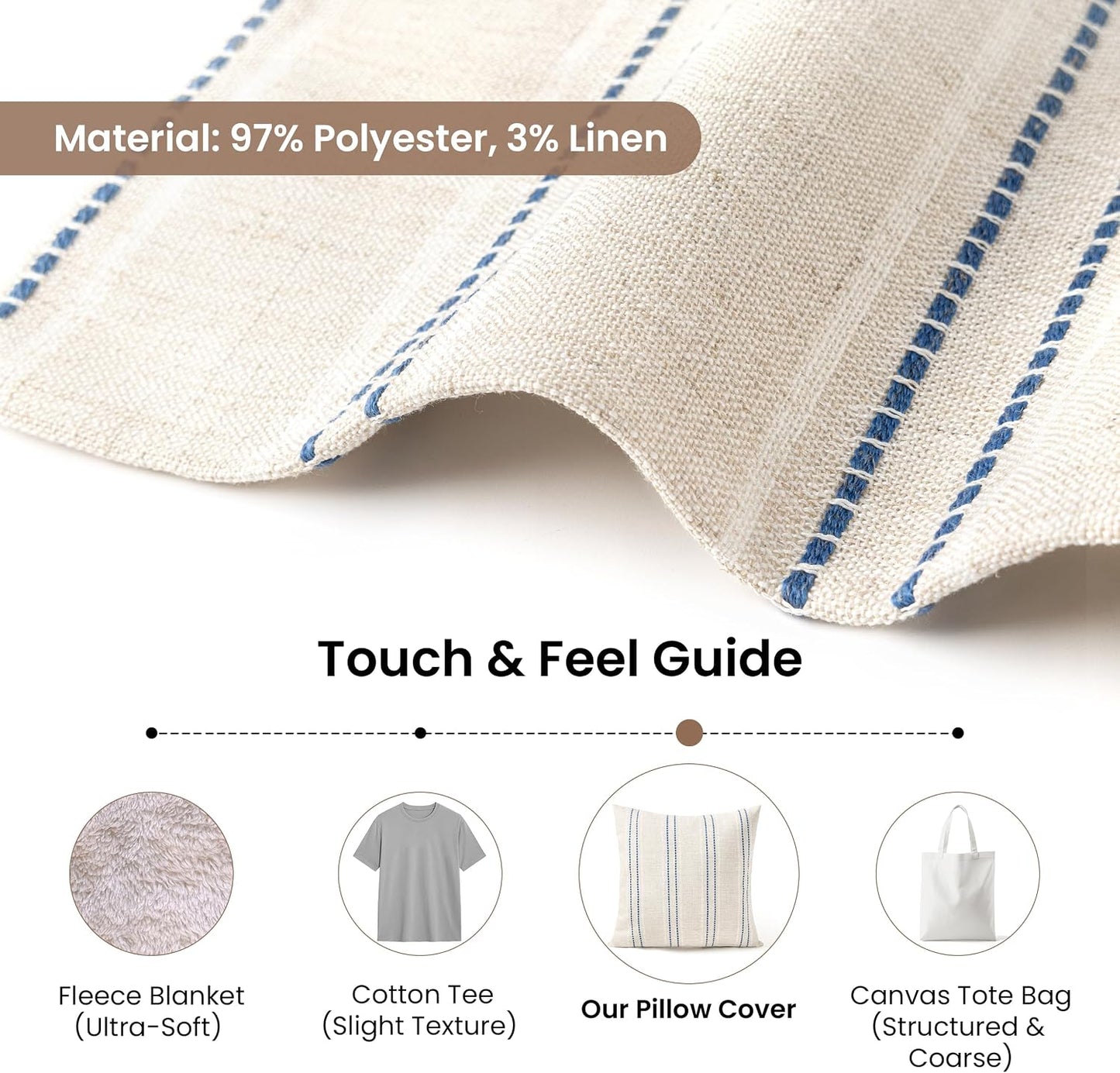 Boho Textured Pillow Case / Beige with White & Navy Blue / 18 x 18 / Set of 2