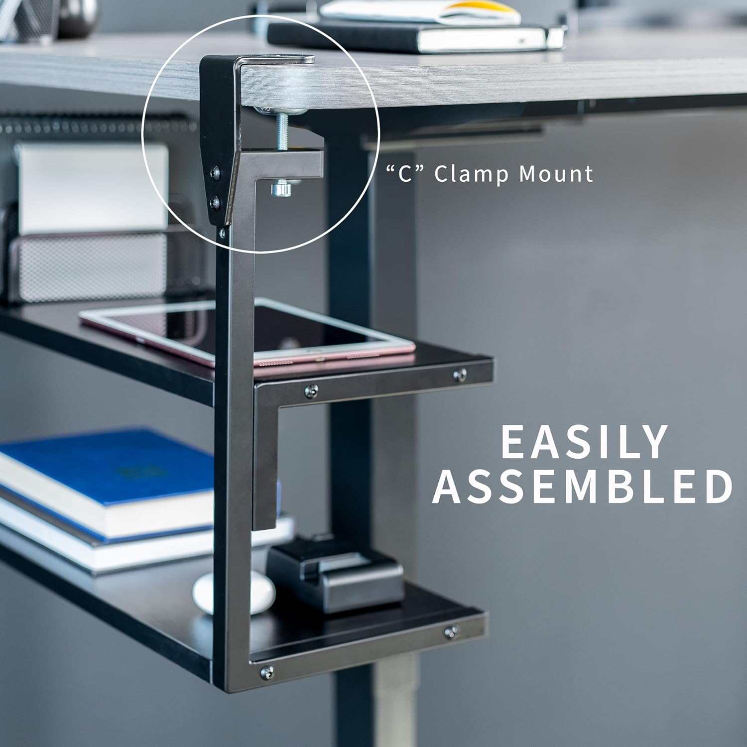 VIVO Black Clamp-on 24 inch 2-Tier Desk Shelf, STAND-SHELF24C | Above or Below Desk, 2 Level Shelving Unit for Table