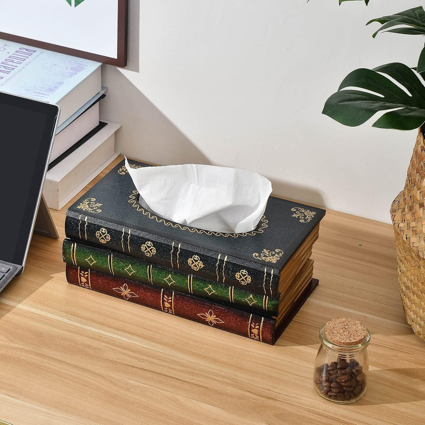 Crafted Classical Retro Wooden Antique Book Tissue Box Cover Rectangular Tissue Holder / Dark Green