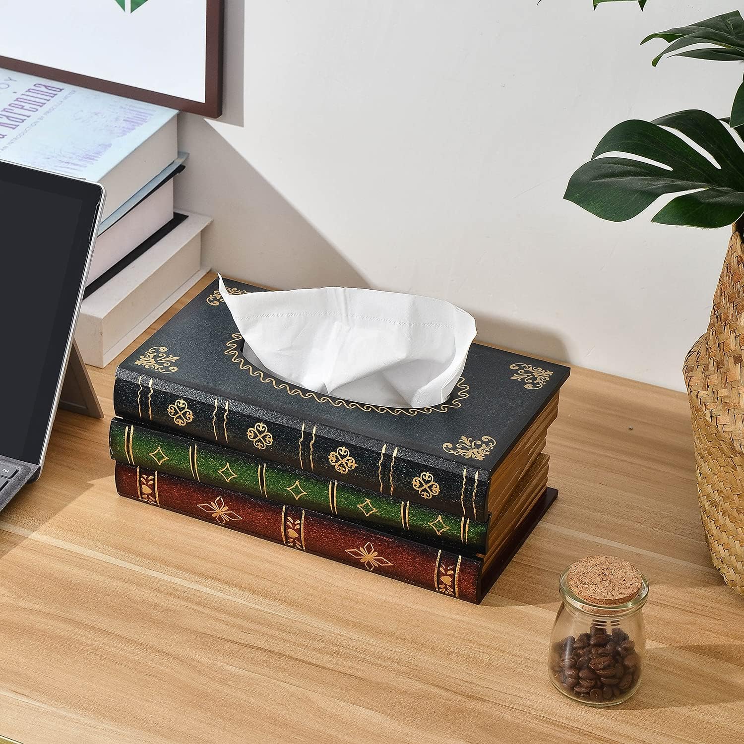 Crafted Classical Retro Wooden Antique Book Tissue Box Cover Rectangular Tissue Holder / Dark Green