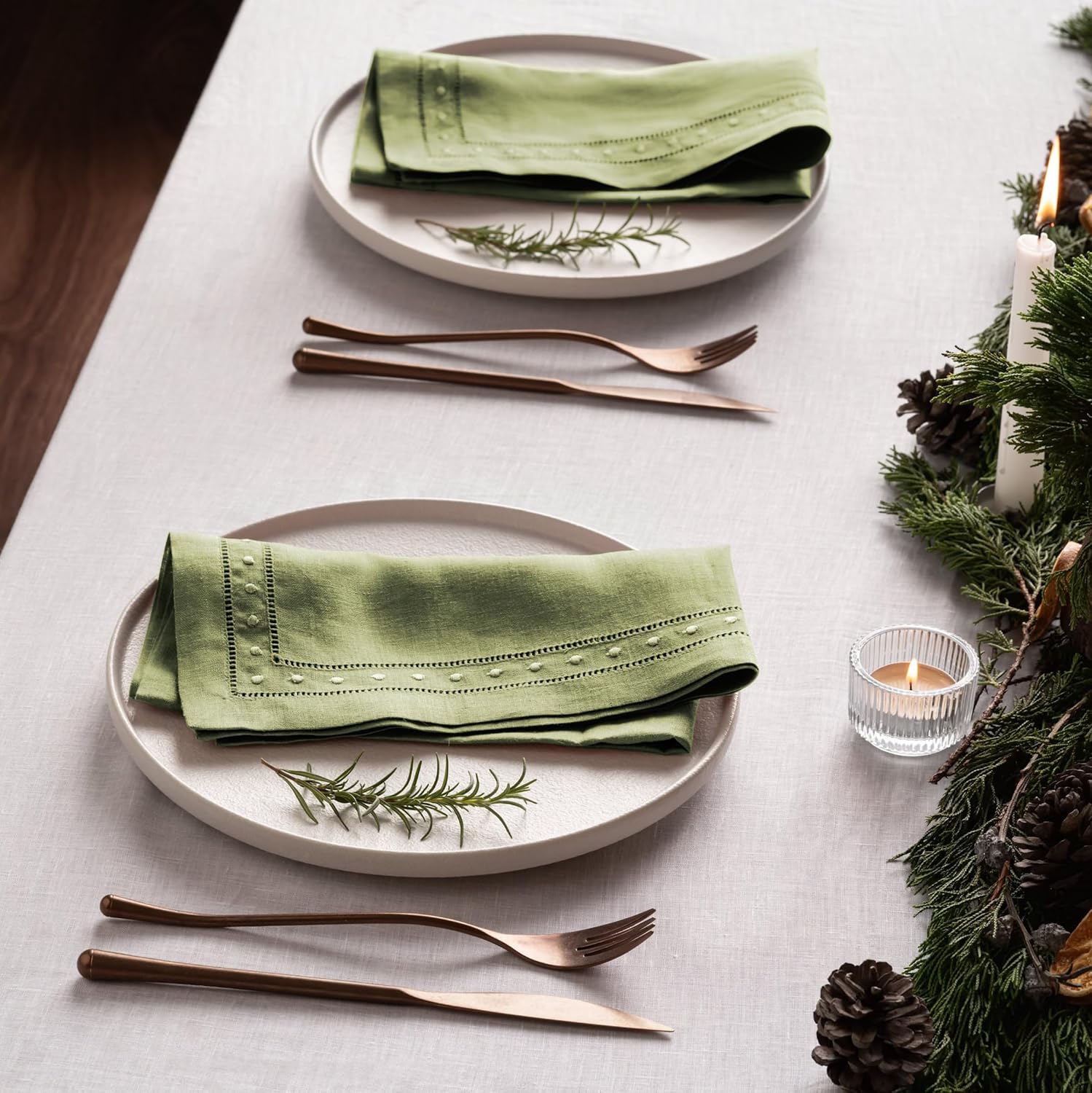 Linen Napkins 18 x 18 inch - 100% Flax Linen Olive Green Dinner Napkins with Embroidered Dot 18 x 18 inch - Hemstitch