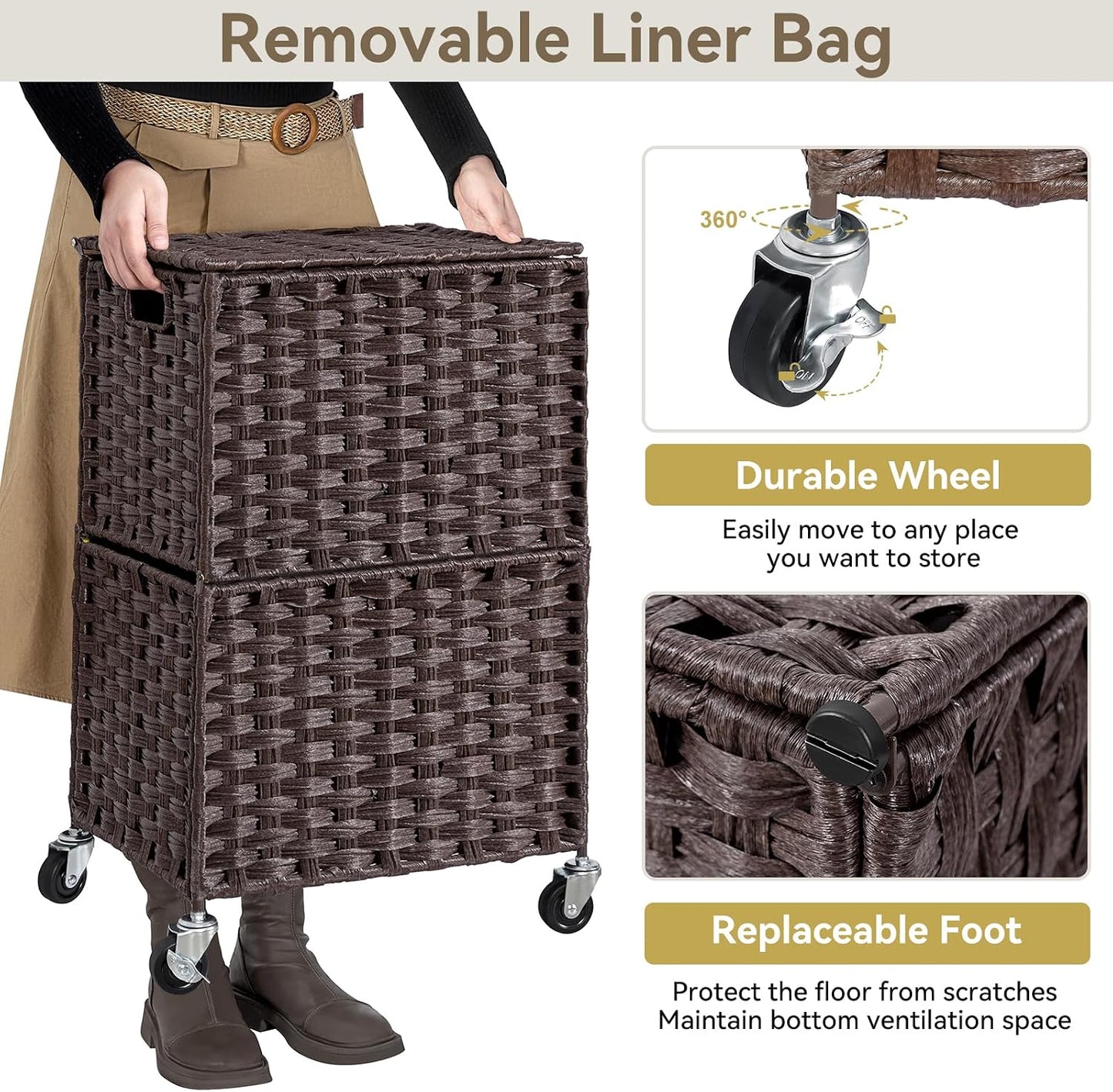 Rolling Laundry Basket / 90l / Brown